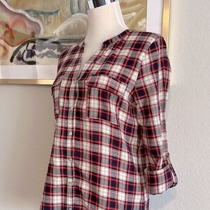 Summer plaid Olive & Oak Red White and black Relaxed button down blouse Anthro